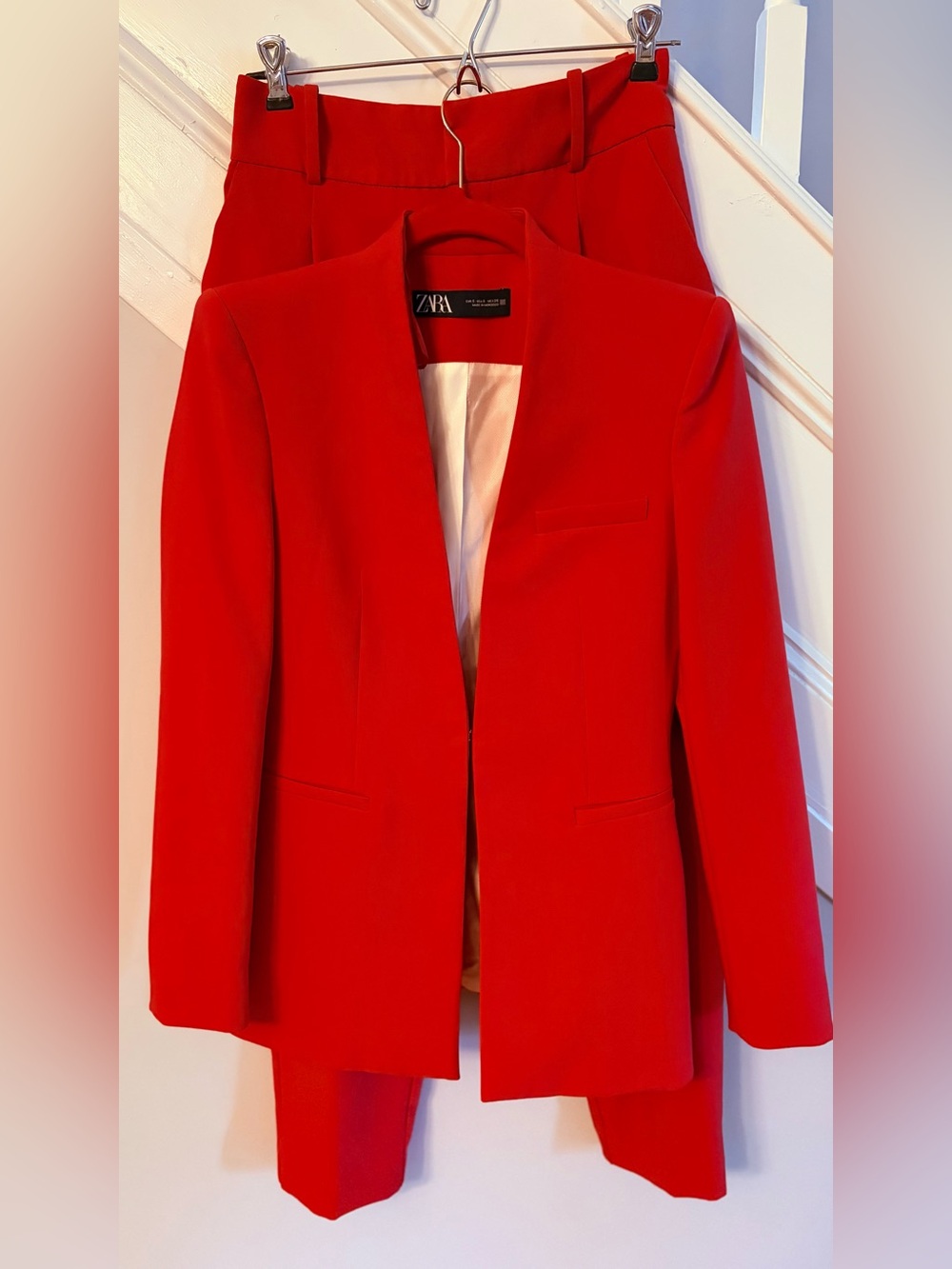 Zara Collarless Women's Red Tailored Blazer and Pants Suit Size Small NWOT